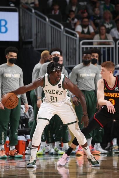 Jrue Holiday of the Milwaukee Bucks dribbles the ball during Game 5 of the Eastern Conference Finals of the 2021 NBA Playoffs on July 1, 2021 at the...