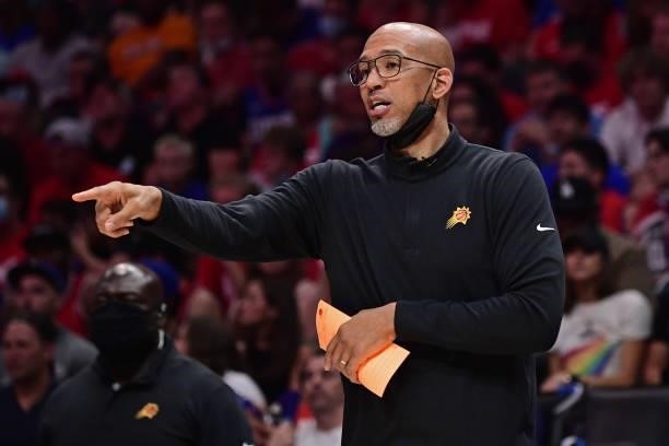 Head Coach Monty Williams of the Phoenix Suns points during the game against the LA Clippers during Game 6 of the Western Conference Finals of the...