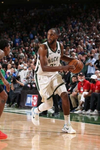 Khris Middleton of the Milwaukee Bucks dribbles the ball during Game 5 of the Eastern Conference Finals of the 2021 NBA Playoffs on July 1, 2021 at...