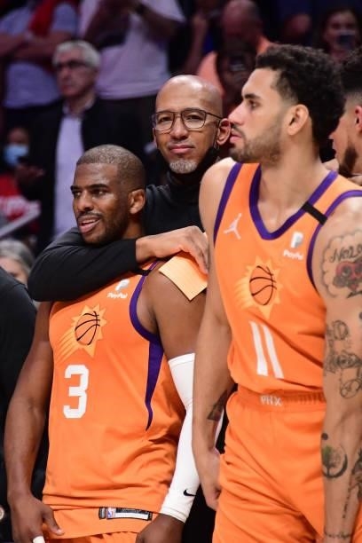 Head Coach Monty Williams of the Phoenix Suns hugs Chris Paul of the Phoenix Suns during the game against the LA Clippers during Game 6 of the...