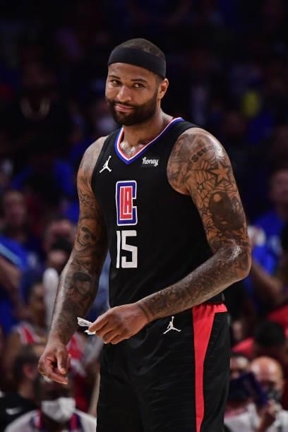 DeMarcus Cousins of the LA Clippers smiles during the game against the Phoenix Suns during Game 6 of the Western Conference Finals of the 2021 NBA...