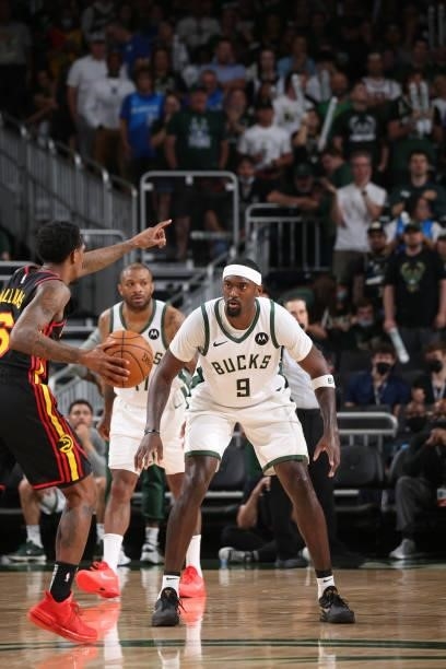 Bobby Portis of the Milwaukee Bucks plays defense during Game 5 of the Eastern Conference Finals of the 2021 NBA Playoffs on July 1, 2021 at the...