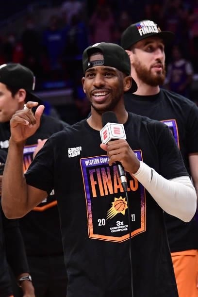 Chris Paul of the Phoenix Suns talks to the media after the game against the LA Clippers during Game 6 of the Western Conference Finals of the 2021...