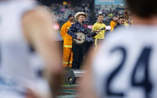 Waltzing Matilda is performed during the 2021 AFL Round 16 match between the Geelong Cats and the Essendon Bombers at GMHBA Stadium on July 2, 2021...