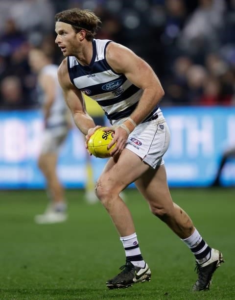 Lachie Henderson of the Cats in action during the 2021 AFL Round 16 match between the Geelong Cats and the Essendon Bombers at GMHBA Stadium on July...
