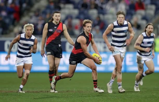 Darcy Parish of the Bombers in action during the 2021 AFL Round 16 match between the Geelong Cats and the Essendon Bombers at GMHBA Stadium on July...