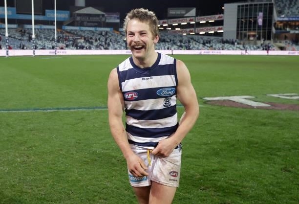 Tom Atkins of the Cats celebrates during the 2021 AFL Round 16 match between the Geelong Cats and the Essendon Bombers at GMHBA Stadium on July 2,...