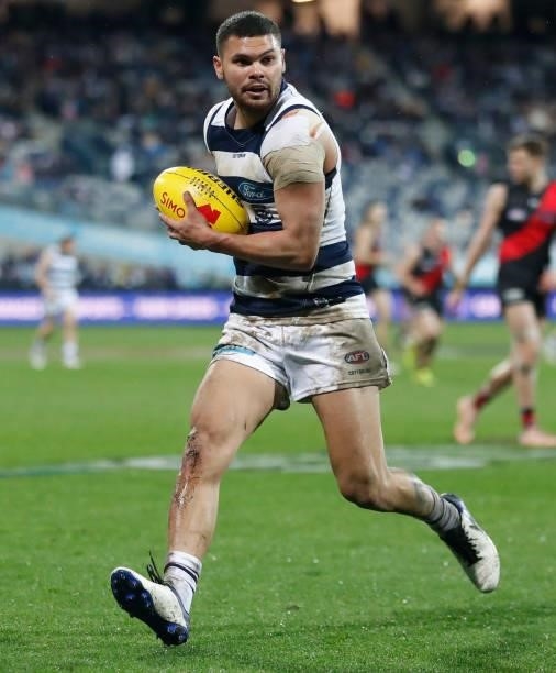 Brandan Parfitt of the Cats in action during the 2021 AFL Round 16 match between the Geelong Cats and the Essendon Bombers at GMHBA Stadium on July...