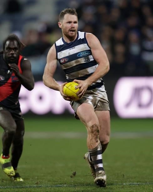 Patrick Dangerfield of the Cats in action during the 2021 AFL Round 16 match between the Geelong Cats and the Essendon Bombers at GMHBA Stadium on...