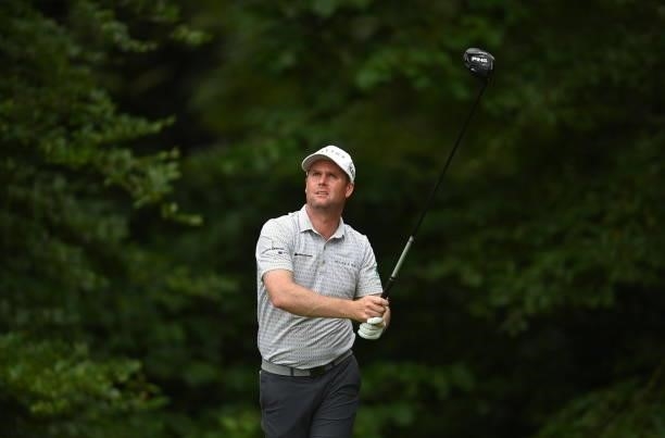 Kilkenny , Ireland - 2 July 2021; Jonathan Caldwell of Northern Ireland watches his tee shot on the 12th hole during day two of the Dubai Duty Free...