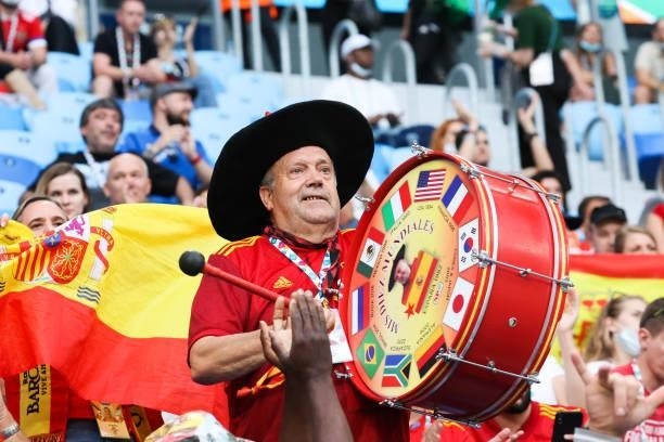 Fans of team Spain during the UEFA Euro 2020 Championship Quarter-final match between Switzerland and Spain at Saint Petersburg Stadium on July 2,...