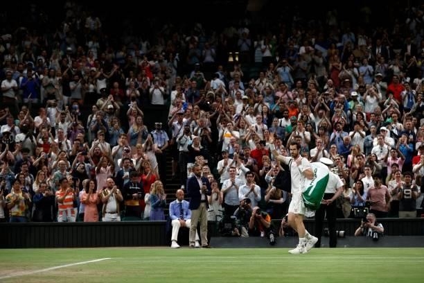 Britain's Andy Murray waves to fans after losing to Canada's Denis Shapovalov during their men's singles third round match on the fifth day of the...