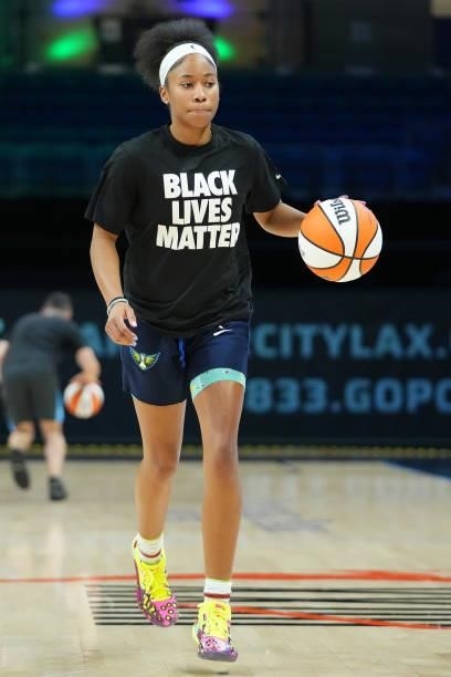 Tyasha Harris of the Dallas Wings dribbles the ball before the game against the Chicago Sky on July 2, 2021 at the College Park Center in Arlington,...