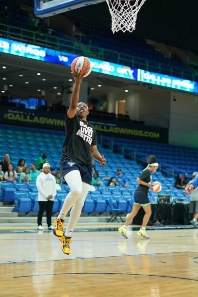 Arike Ogunbowale of the Dallas Wings drives to the basket before the game against the Chicago Sky on July 2, 2021 at the College Park Center in...