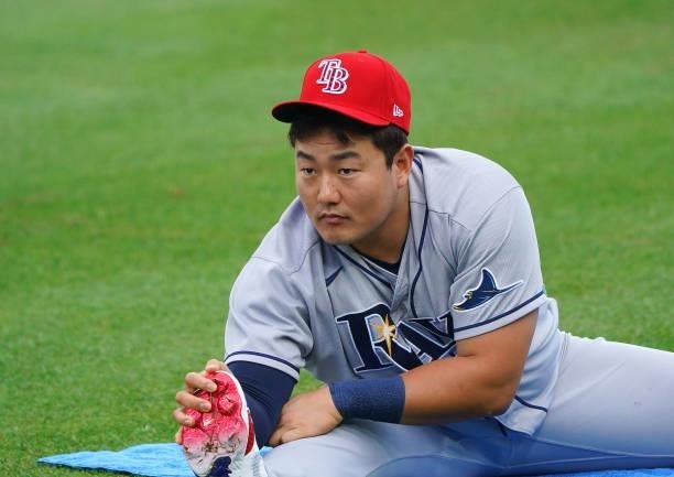 Ji-Man Choi of the Tampa Bay Rays stretches before the game against the Toronto Blue Jays at Sahlen Field on July 2, 2021 in Buffalo, New York.