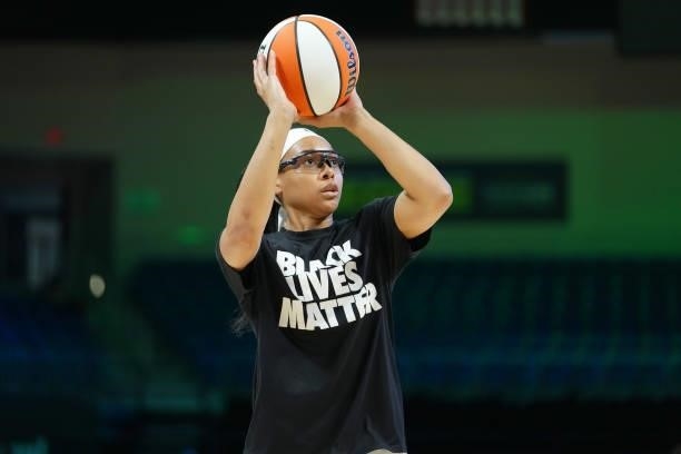 Allisha Gray of the Dallas Wings shoots the ball before the game against the Chicago Sky on July 2, 2021 at the College Park Center in Arlington,...