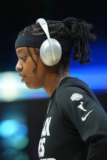 Diamond DeShields of the Chicago Sky looks on before the game against the Dallas Wings on July 2, 2021 at the College Park Center in Arlington,...
