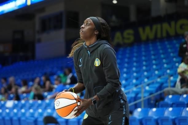 Kahleah Cooper of the Chicago Sky looks to shoot the ball before the game against the Dallas Wings on July 2, 2021 at the College Park Center in...