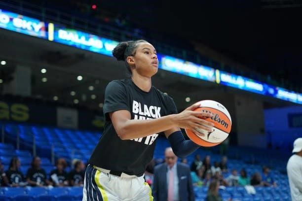 Satou Sabally of the Dallas Wings looks to shoot the ball before the game against the Chicago Sky on July 2, 2021 at the College Park Center in...
