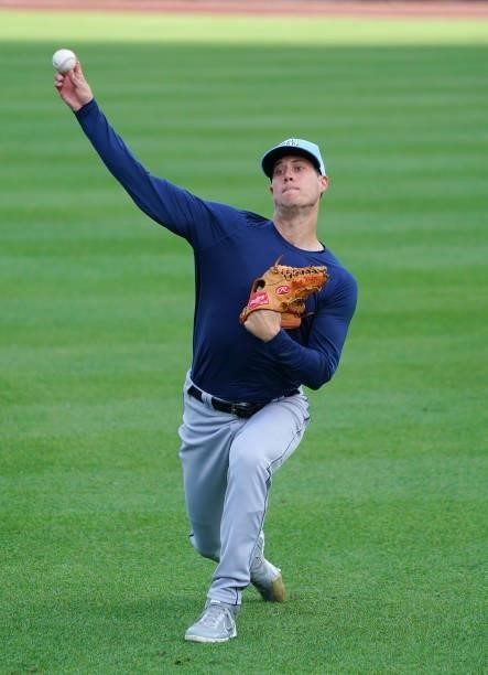 Matt Wisler of the Tampa Bay Rays warms up before the game against the Toronto Blue Jays at Sahlen Field on July 2, 2021 in Buffalo, New York.
