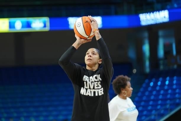 Candace Parker of the Chicago Sky shoots the ball before the game against the Dallas Wings on July 2, 2021 at the College Park Center in Arlington,...