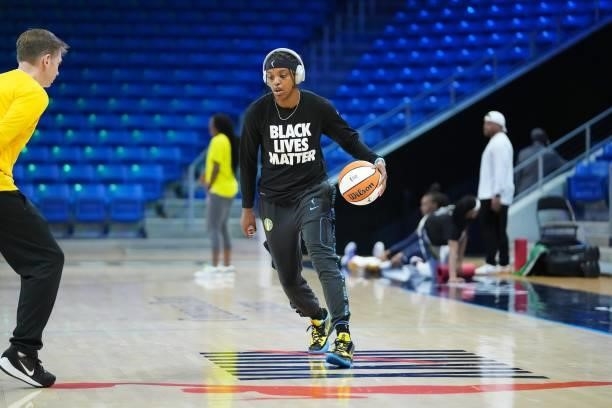 Diamond DeShields of the Chicago Sky dribbles the ball before the game against the Dallas Wings on July 2, 2021 at the College Park Center in...