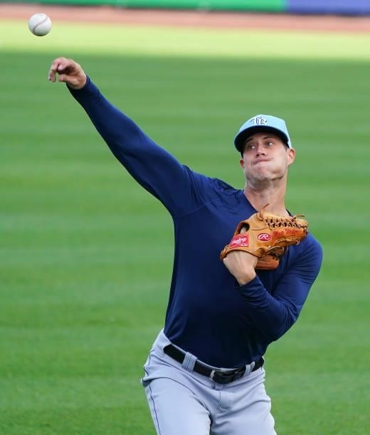 Matt Wisler of the Tampa Bay Rays warms up before the game against the Toronto Blue Jays at Sahlen Field on July 2, 2021 in Buffalo, New York.
