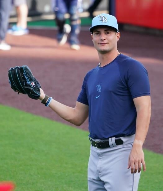 Shane McClanahan of the Tampa Bay Rays of the Tampa Bay Rays on the field before the game against the Toronto Blue Jays at Sahlen Field on July 2,...