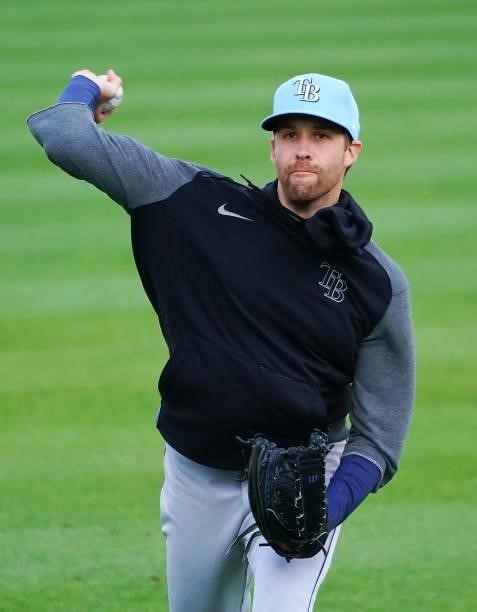 Collin McHugh of the Tampa Bay Rays warms up before the game against the Toronto Blue Jays at Sahlen Field on July 2, 2021 in Buffalo, New York.