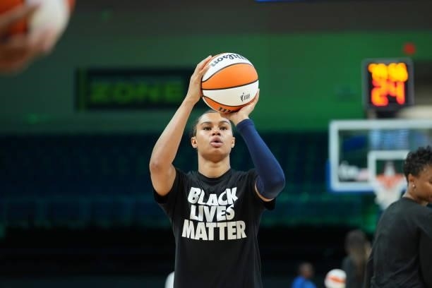 Satou Sabally of the Dallas Wings looks to shoot the ball before the game against the Chicago Sky on July 2, 2021 at the College Park Center in...