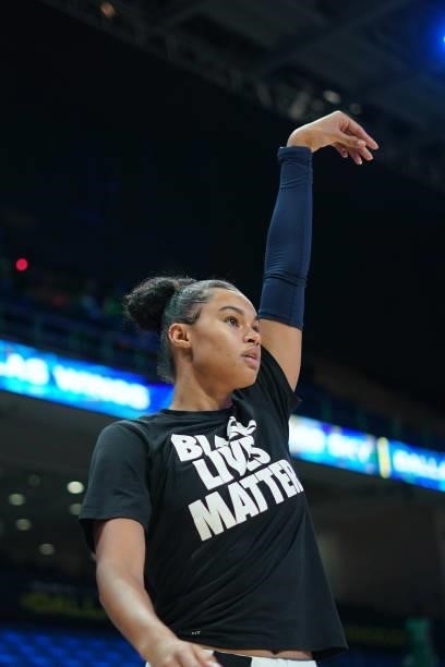 Satou Sabally of the Dallas Wings shoots the ball before the game against the Chicago Sky on July 2, 2021 at the College Park Center in Arlington,...