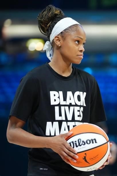 Moriah Jefferson of the Dallas Wings handles the ball before the game against the Chicago Sky on July 2, 2021 at the College Park Center in...