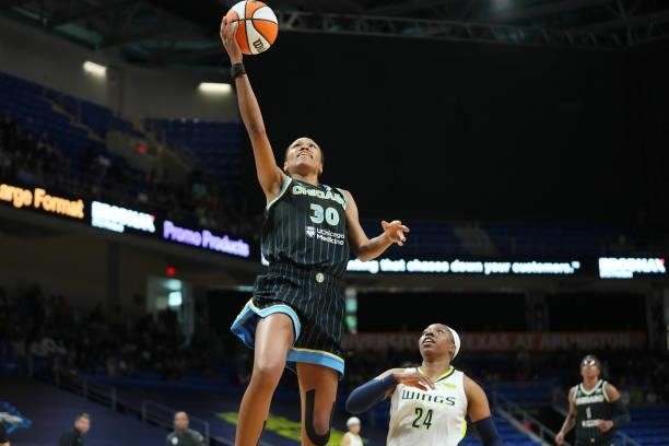 Azura Stevens of the Chicago Sky drives to the basket against the Dallas Wings on July 2, 2021 at the College Park Center in Arlington, Texas. NOTE...