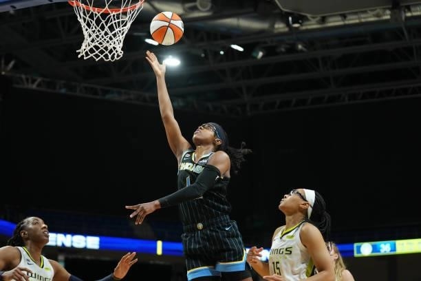 Diamond DeShields of the Chicago Sky shoots the ball against the Dallas Wings on July 2, 2021 at the College Park Center in Arlington, Texas. NOTE TO...