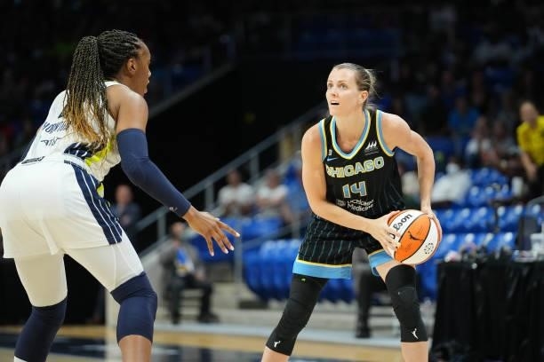 Allie Quigley of the Chicago Sky handles the ball against the Dallas Wings on July 2, 2021 at the College Park Center in Arlington, Texas. NOTE TO...
