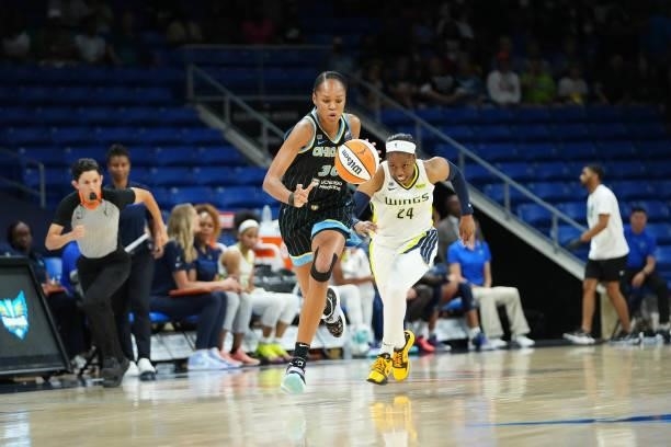 Azura Stevens of the Chicago Sky dribbles the ball during the game against the Dallas Wings on July 2, 2021 at the College Park Center in Arlington,...