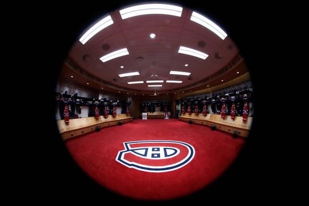 General view of the Montreal Canadiens locker room is seen before Game Two of the 2021 Stanley Cup Final between the Tampa Bay Lightning and the...