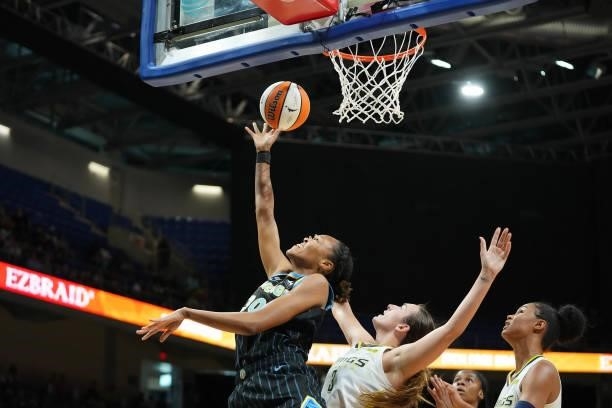 Azura Stevens of the Chicago Sky shoots the ball against the Dallas Wings on July 2, 2021 at the College Park Center in Arlington, Texas. NOTE TO...