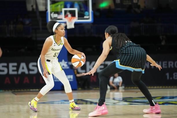Tyasha Harris of the Dallas Wings handles the ball against the Chicago Sky on July 2, 2021 at the College Park Center in Arlington, Texas. NOTE TO...