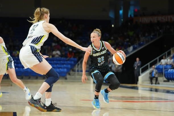 Bella Alarie of the Dallas Wings plays defense on Courtney Vandersloot of the Chicago Sky on July 2, 2021 at the College Park Center in Arlington,...