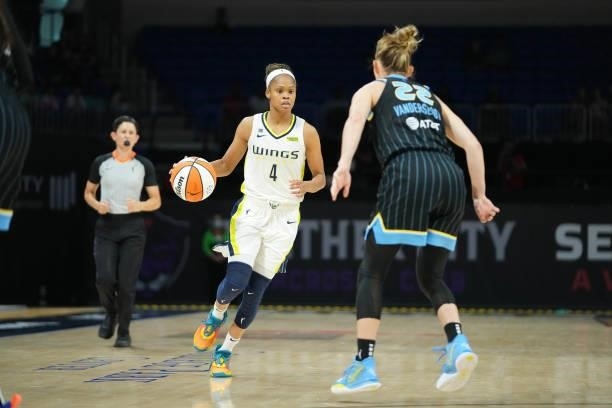Courtney Vandersloot of the Chicago Sky plays defense on Moriah Jefferson of the Dallas Wings on July 2, 2021 at the College Park Center in...