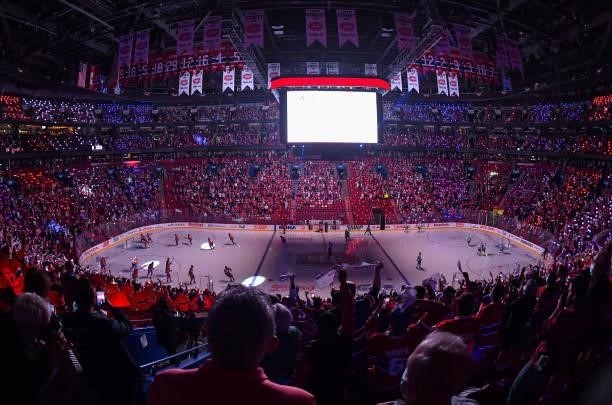 Fans cheer prior to the Game Three of the Stanley Cup Final of the 2021 Stanley Cup Playoffs between the Montreal Canadiens and the Tampa Bay...