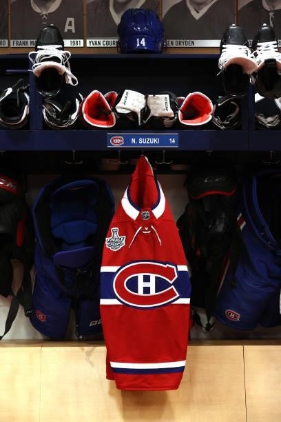 The equipment of Nick Suzuki of the Montreal Canadiens is seen in the locker room before Game Two of the 2021 Stanley Cup Final between the Tampa Bay...