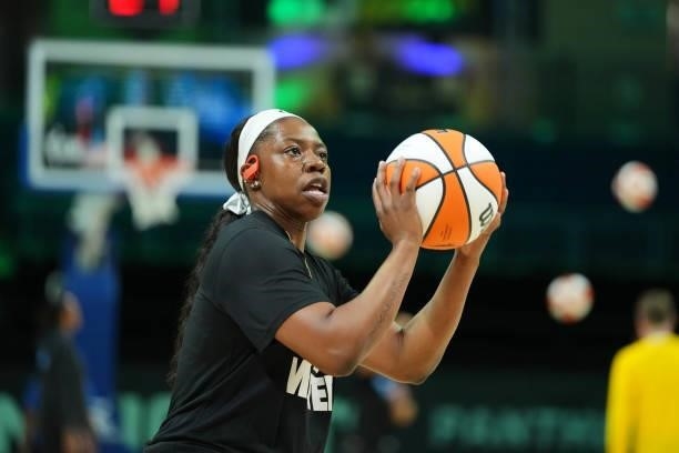 Arike Ogunbowale of the Dallas Wings looks to shoot the ball before the game against the Chicago Sky on July 2, 2021 at the College Park Center in...
