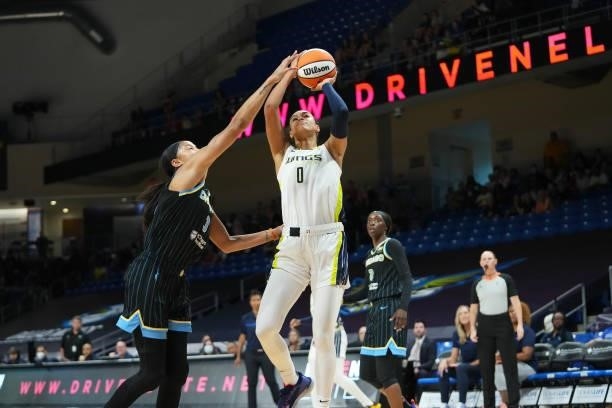 Satou Sabally of the Dallas Wings shoots the ball against the Chicago Sky on July 2, 2021 at the College Park Center in Arlington, Texas. NOTE TO...
