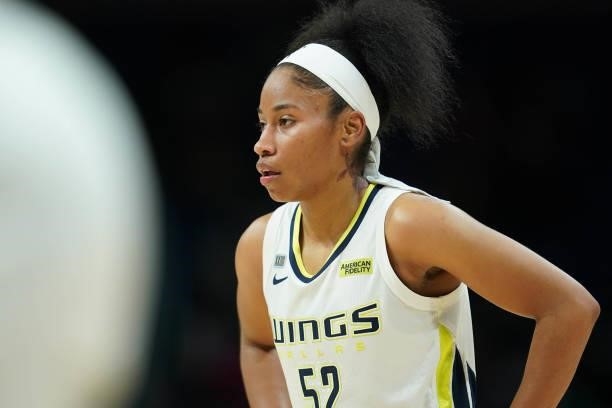 Tyasha Harris of the Dallas Wings looks on during the game against the Chicago Sky on July 2, 2021 at the College Park Center in Arlington, Texas....