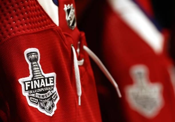 Logo patch is seen on a jersey hanging in the locker room before Game Two of the 2021 Stanley Cup Final between the Tampa Bay Lightning and the...