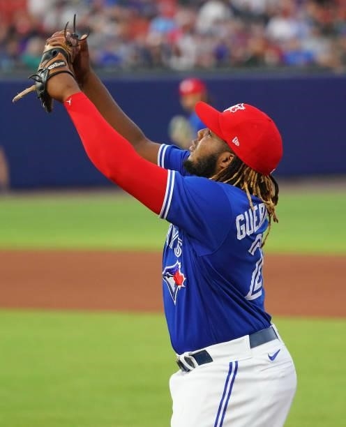 Vladimir Guerrero Jr. #27 of the Toronto Blue Jays makes the catch on a pop fly by Manuel Margot of the Tampa Bay Rays during the fifth inning at...