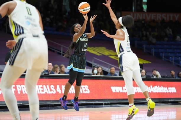 Dana Evans of the Chicago Sky shoots the ball against the Dallas Wings on July 2, 2021 at the College Park Center in Arlington, Texas. NOTE TO USER:...
