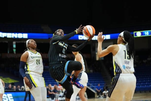 Kahleah Cooper of the Chicago Sky drives to the basket against the Dallas Wings on July 2, 2021 at the College Park Center in Arlington, Texas. NOTE...